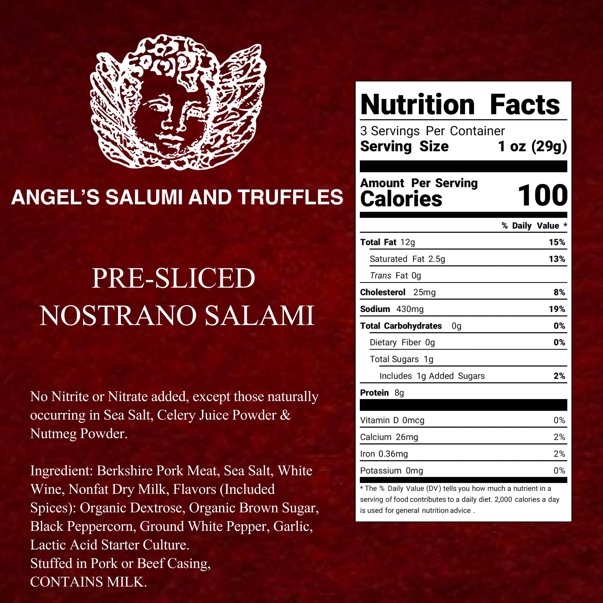 Angel’s Salumi and Truffles – Pre-Sliced Nostrano House Salami, 3oz, Gluten-Free, No Nitrates, Hormone & Antibiotic-Free
